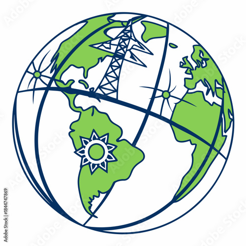 A globe illustration depicting a global power network and renewable energy sources