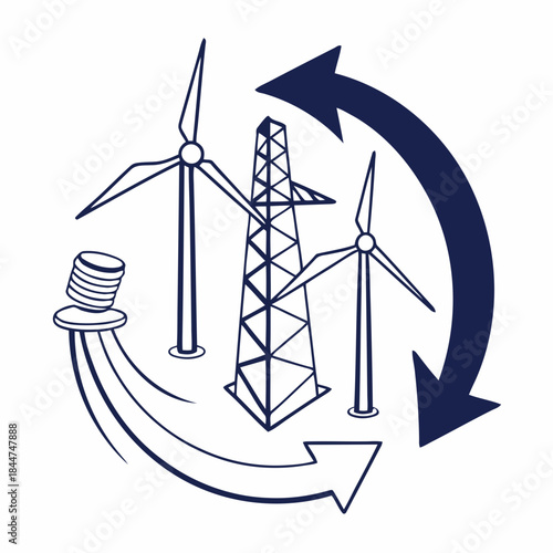 Illustration of sustainable power generation and transmission with wind turbines