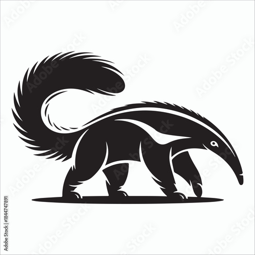 Stylized black silhouette of an anteater with a bushy tail on a white background