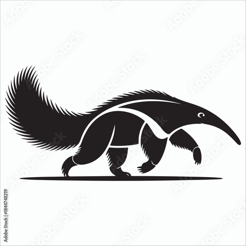 Silhouette of a giant anteater walking with a bushy tail and long snout