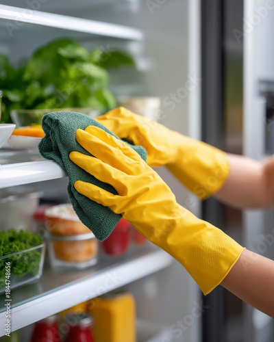 Person cleaning refrigerator interior with yellow gloves