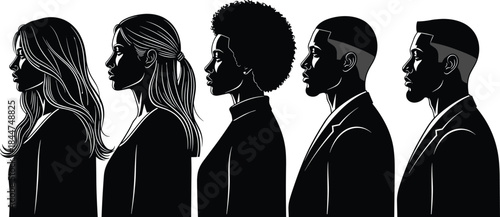 Diverse group of professional adults, male and female, in business attire and profile view, representing multi-ethnic workforce, teamwork, leadership, inclusion, and corporate diversity concept.