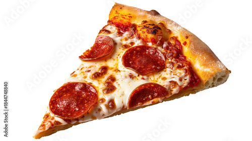 Cheesy pepperoni pizza slice with crispy crust for menu designs isolated.

