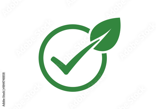 Green check mark inside a circle with a leaf icon symbolizing ecofriendly organic natural or verified quality