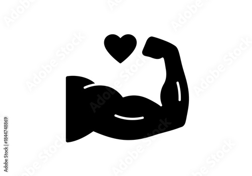 Strong bicep muscle flexing with a heart symbol above it representing health fitness and love for exercise icon silhouette