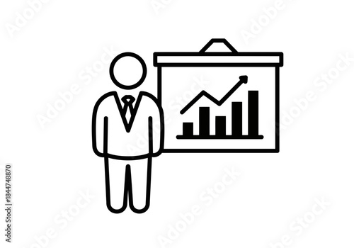 Business person presenting a growing project bar chart on a screen or whiteboard icon outline vector