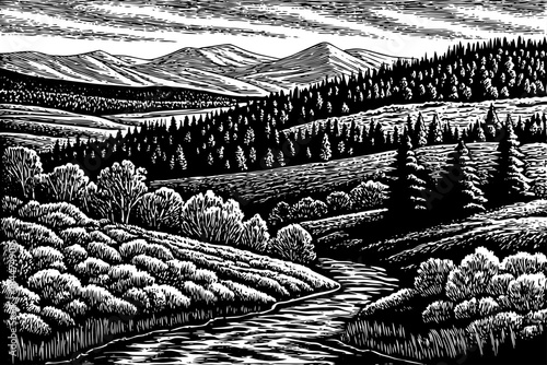 landscape with trees and mountains, grass and amazing forest black and white background vector sketch