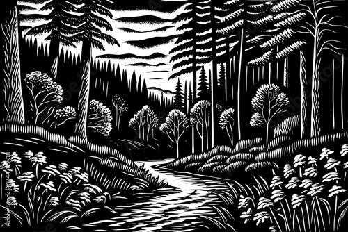 landscape with trees and mountains, grass and amazing forest black and white background vector sketch