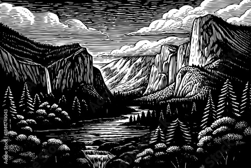 landscape with trees and mountains, grass and amazing forest black and white background vector sketch