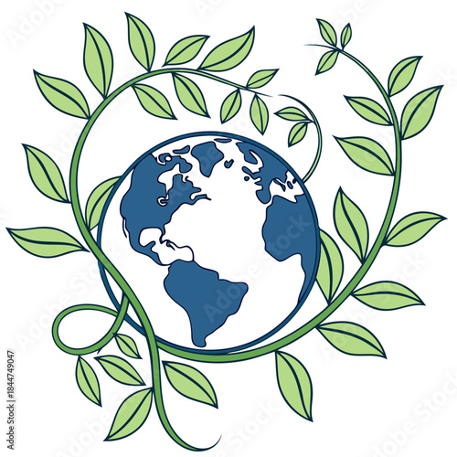 A green vine embraces the globe, symbolizing environmental protection and global ecology