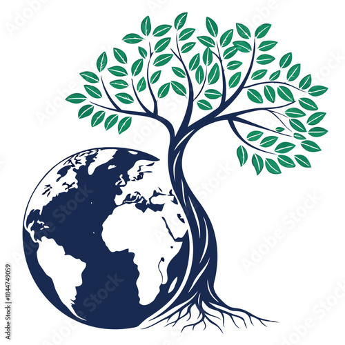 A green tree growing over the earth globe symbolizes environmental care and sustainability