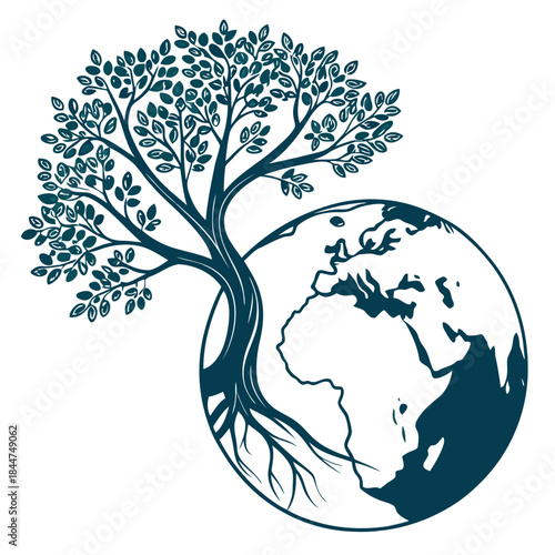 Stylized illustration of a tree embracing planet earth, symbolizing ecology and sustainability