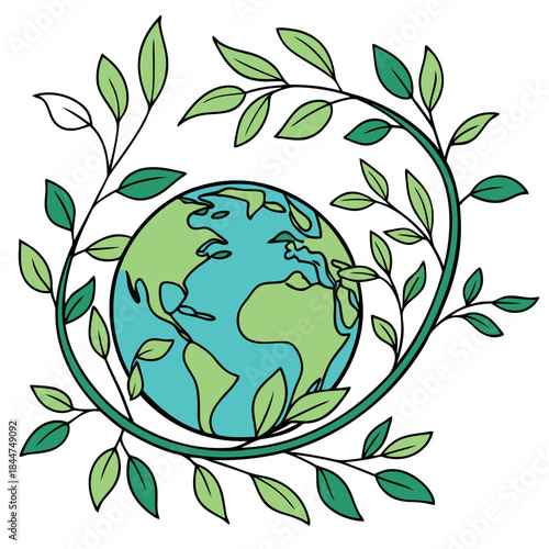 A stylized drawing of planet earth surrounded by green leaves and branches