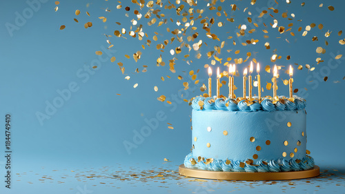 Stylized studio shot of a blue birthday cake with lit candles and gold confetti floating in the air, celebration concept