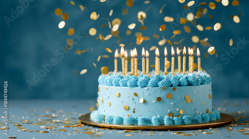 Stylized studio shot of a blue birthday cake with lit candles and gold confetti floating in the air, celebration concept