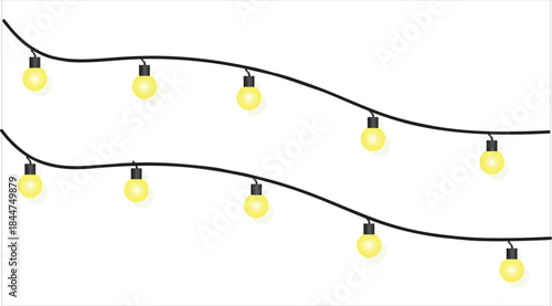 Vibrant yellow string lights, with multiple glowing bulbs on black wires, creating a warm, festive, and inviting decorative illumination for celebrations, events, and home ambiance