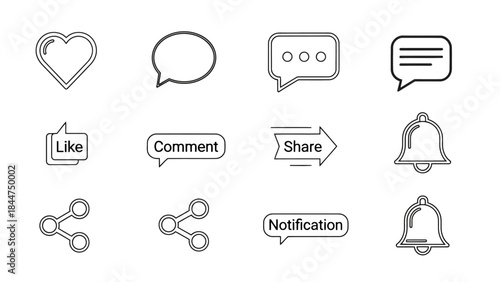 Set of social media interaction icons like, comment, share, notification, speech bubbles, and bell icons in outline style
