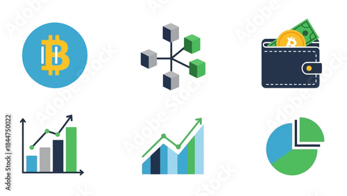 Set of cryptocurrency and finance icons bitcoin symbol, blockchain network, digital wallet with money, bar chart, growth graph, and pie chart