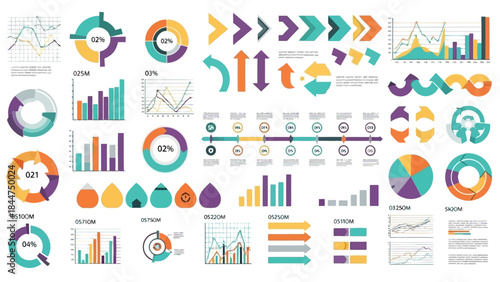 Collection of colorful business data visualization elements including pie charts, bar graphs, line charts, process flow diagrams, and arrows for infographics and presentations