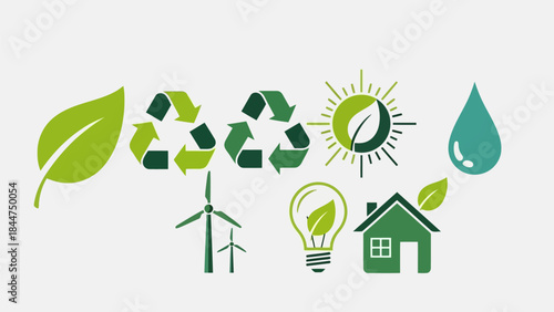 Collection of green icons representing ecology, renewable energy, sustainability, recycling, and environmental protection concepts