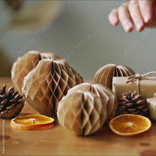 Minimalist Eco-Friendly Christmas Scene with Recycled Ornaments, Natural Pine Cones, Dried Citrus Decor, and Kraft-Wrapped Gifts for Green Holiday Advertising and Sustainable Lifestyle Branding