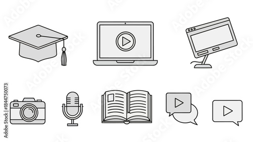 Set of elearning and online education icons graduation cap, laptop with video, monitor, camera, microphone, open book, and play buttons