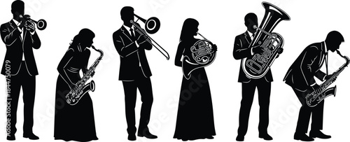 Silhouette collection of musicians playing brass and woodwind instruments, including trumpet, trombone, saxophone, and tuba, representing orchestral performance, jazz music, band concert, 