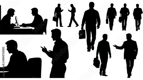 Collection of business people silhouettes in various poses working on laptop, walking, standing, and using mobile phone