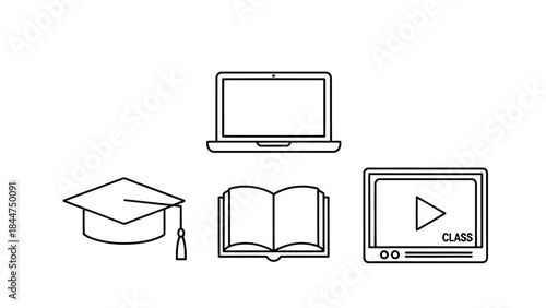Online learning concept with laptop, graduation cap, open book, and video player icon, representing distance education and elearning resources in a simple line art style