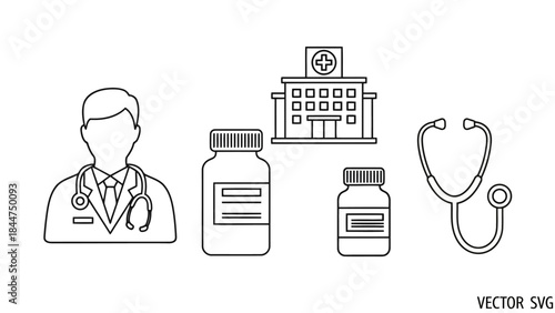 Outline icons set for medical and healthcare concepts doctor, hospital building, medicine bottles, and stethoscope, line art vector illustration