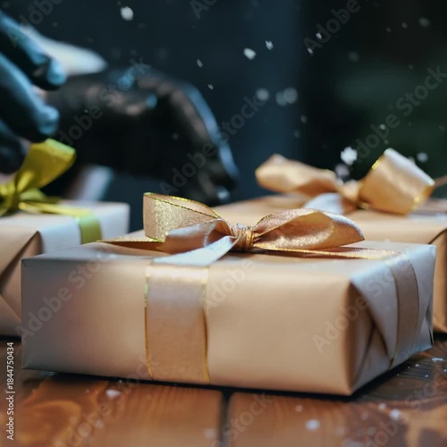 Santa Claus Gently Placing Beautifully Wrapped Christmas Gifts on a Wooden Table with Snowfall and Warm Festive Lighting for Holiday Advertising, Magical Seasonal Branding, and Commercial Christmas Vi