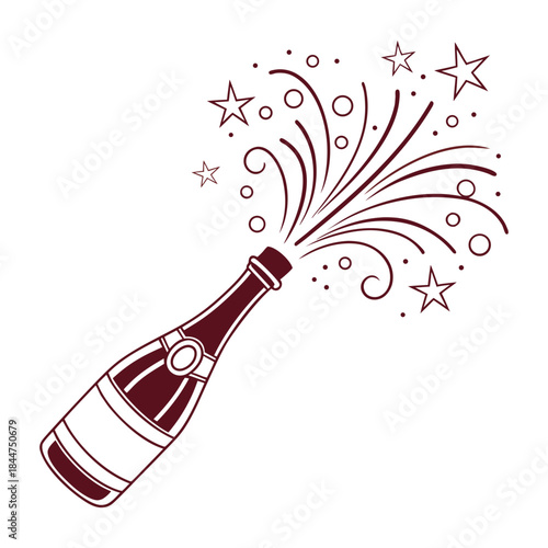 Festive champagne bottle Silhouette Vector | Festive champagne bottle popping with sparkling stars and effervescent bubbles for celebration Vector