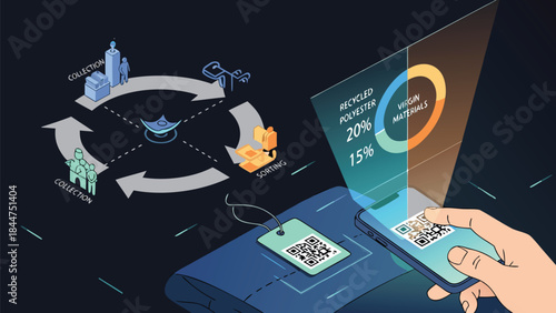 Vector Illustration of sustainable textile recycling process with QR code tracking, showing collection, sorting, and material composition percentages for eco-friendly fashion.