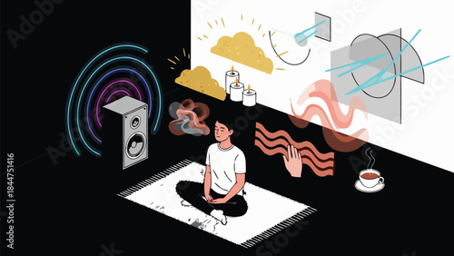 Vector Illustration of a person meditating surrounded by sensory elements including sound waves, clouds, candles, coffee, and abstract geometric shapes representing mindfulness and relaxation.