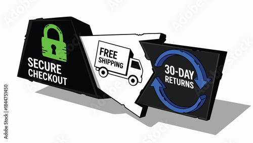 Vector Illustration of e-commerce trust badges featuring secure checkout with green padlock, free shipping truck, and 30-day returns guarantee symbols for online retail.