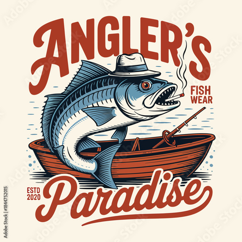 Cartoon bass fish wearing hat sitting in a boat vector illustration
