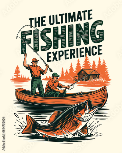 Vintage style fishing illustration with anglers in a boat and mountain landscape vector