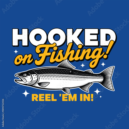 Blue retro fishing badge with salmon fish and hook vector illustration