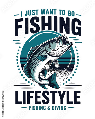 Retro outdoor lifestyle badge with jumping bass fish vector illustration