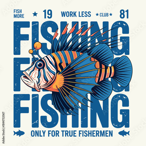 Colorful lionfish vector illustration with typography for fishing club