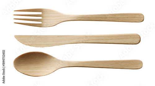 Panel kuchenny z motywem Disposable birch wood cutlery set including a fork, knife, and spoon on white background for eco friendly dining