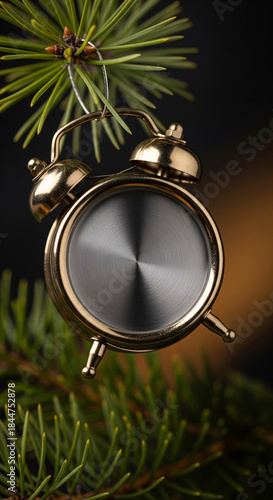 Gold alarm clock shaped Christmas bauble with blank metallic face hanging on fir tree branch, New Year countdown mockup and midnight celebration concept with copy space