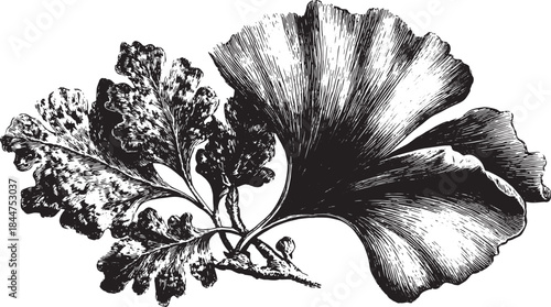 Botanical illustration of a ginkgo leaf in detailed black and white. This vintage vector illustration showcases the leaf's intricate structure.