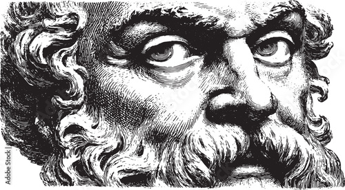 Detailed head of a male figure with a beard and hair. Classic black and white vector illustration, showcasing realistic texture and expression in the artwork.