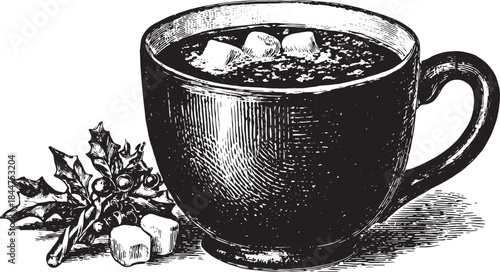 Steaming hot cocoa mug in black and white etching style. Vintage illustration with holly and marshmallows, perfect for cozy winter nights. Vector art set.
