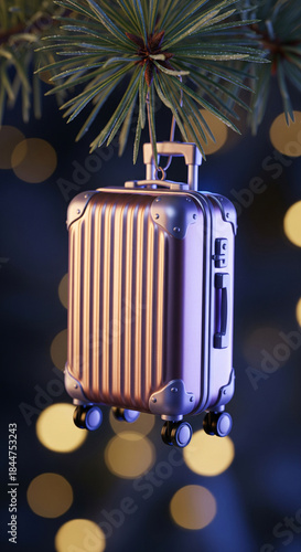 Rose gold travel suitcase shaped Christmas bauble hanging on fir tree branch, winter holiday vacation trip decoration concept with blue night bokeh lights background