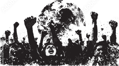 Protest illustration featuring raised fists and the Earth. A concise black and white vector image symbolizing unity and social movement in a set format.