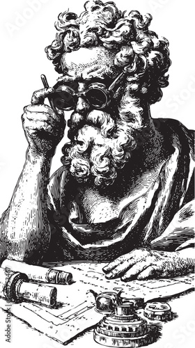 Philosopher man with glasses contemplating over paper and ink. Detailed vector illustration showcasing classic knowledge in a scholarly set.
