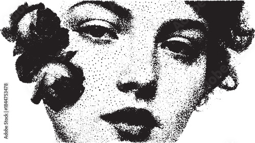 Woman's face with flower vector illustration in black and white. Artistic portrait with vintage texture, ideal for graphic design.