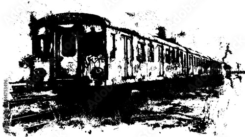 Train engraving in retro style. Vintage black outline drawing with stipple texture. A detailed vector illustration set depicting historical transportation.